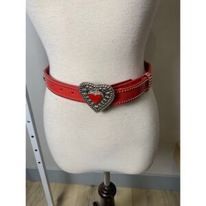 Nocona Belt Co Red Leather Heart Buckle Studded Western Scalloped Belt Size 28